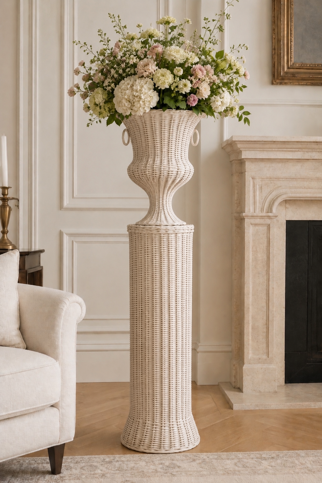 White Round Wicker Urn and Pedestal (2 Options)