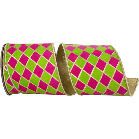 4" Metallic Harlequin Ribbon: Lime/Pink (5 Yards)