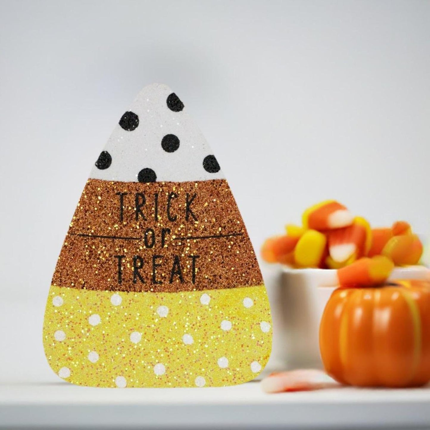 9.5" Glitter Eva Trick or Treat Candy Corn Sign
