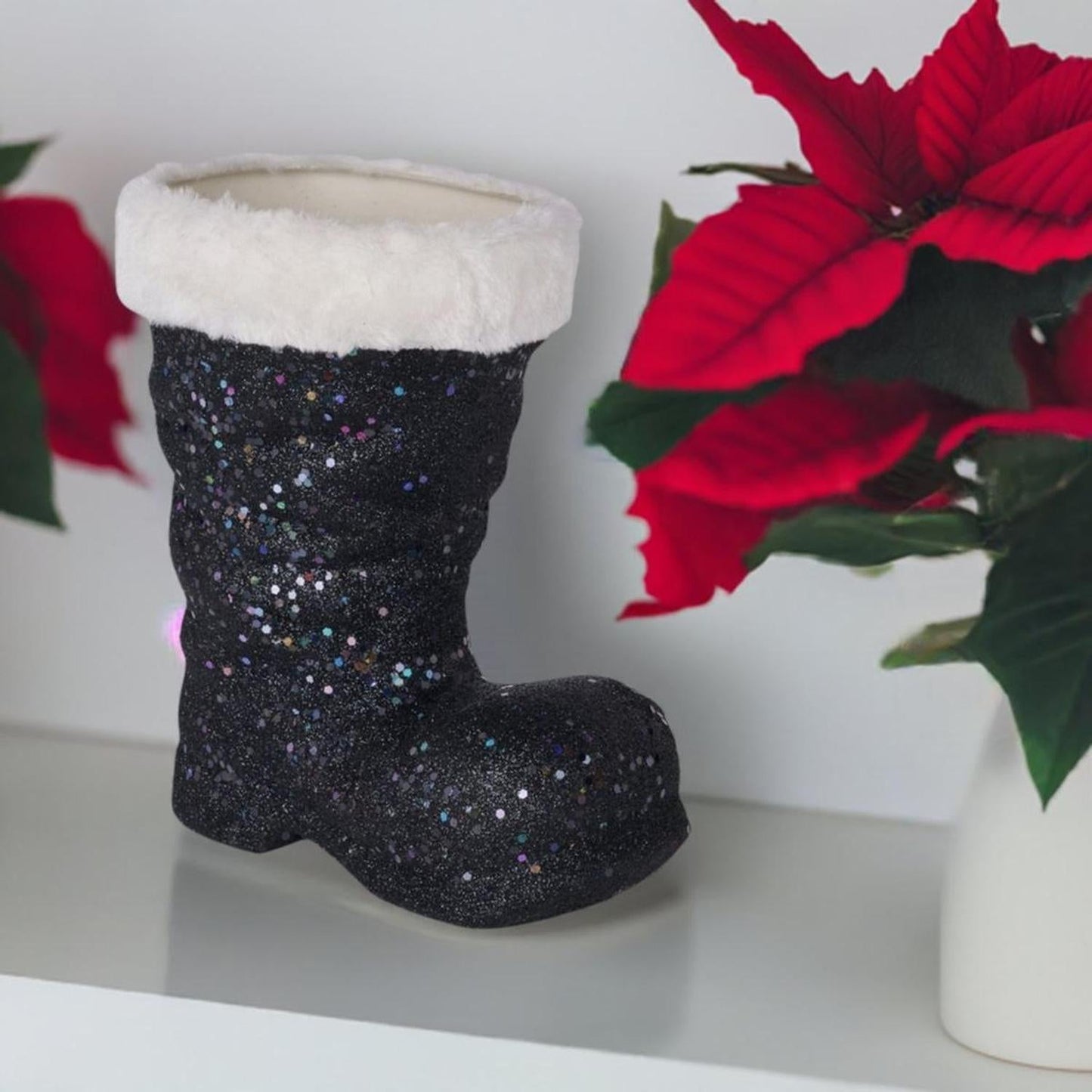 9.5" Glitter Fur Santa Boot: Black