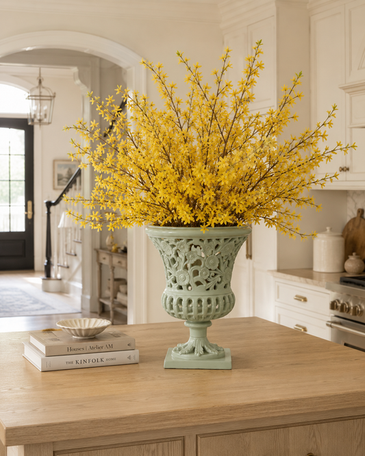 a vase with yellow flowers on a table