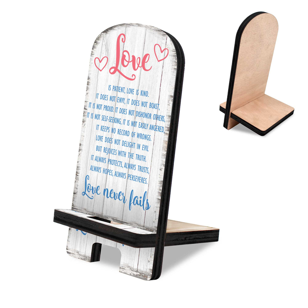Love Never Fails Cell Phone Stand Family Decor Wood Mobile Tablet Holder Charging Station Organizer - 892061