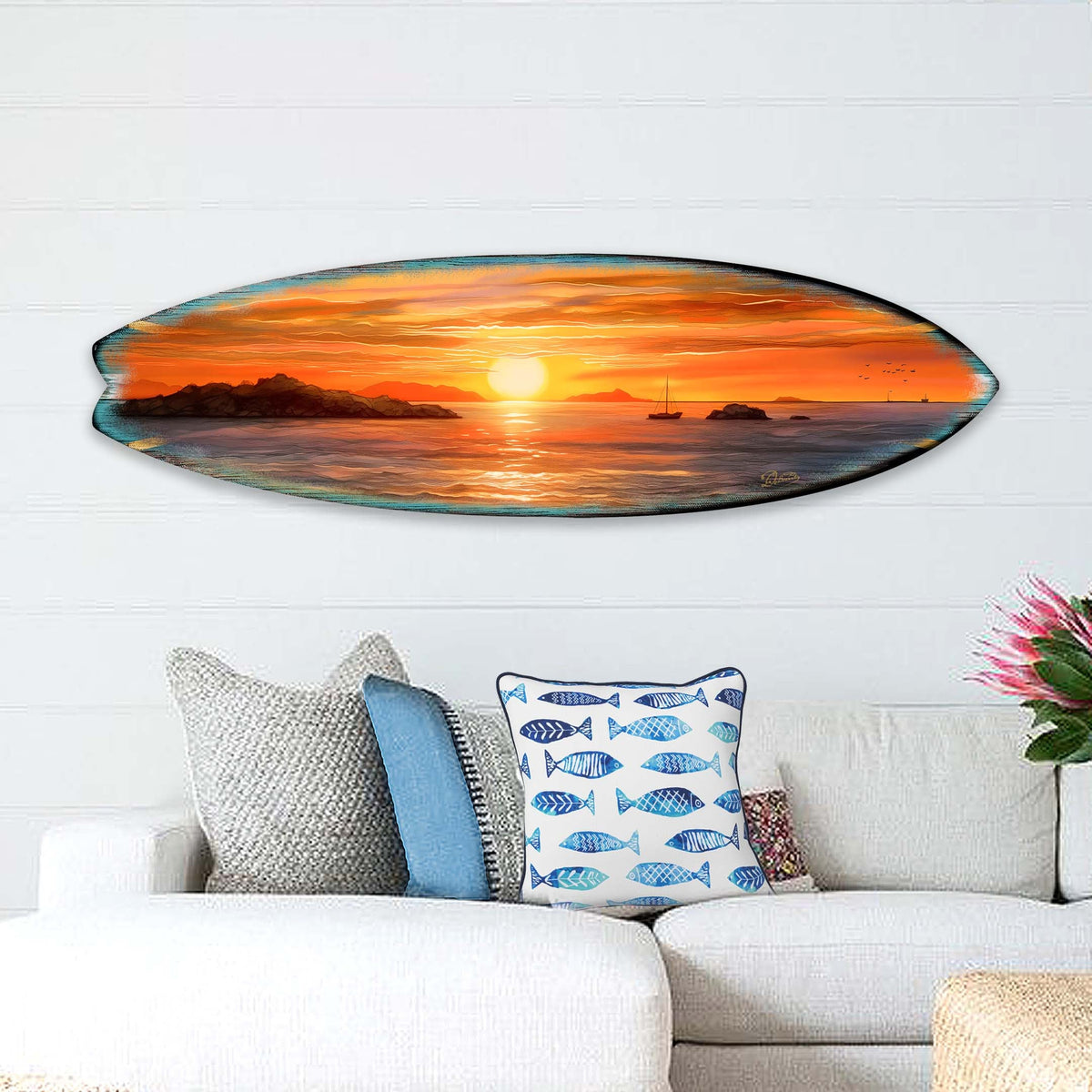 Sunset Symphony Surfboard Coastal Wall Art by G. DeBrekht - Coastal Holiday Decor - 8490133HS