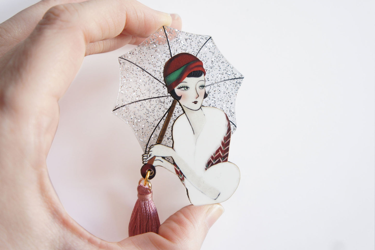 Umbrella Girl Brooch by Laliblue – Retro Kitschy Statement Brooch for Collectors