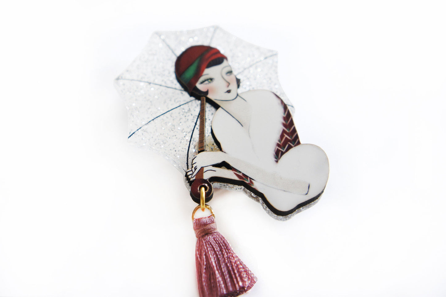 Umbrella Girl Brooch by Laliblue – Retro Kitschy Statement Brooch for Collectors