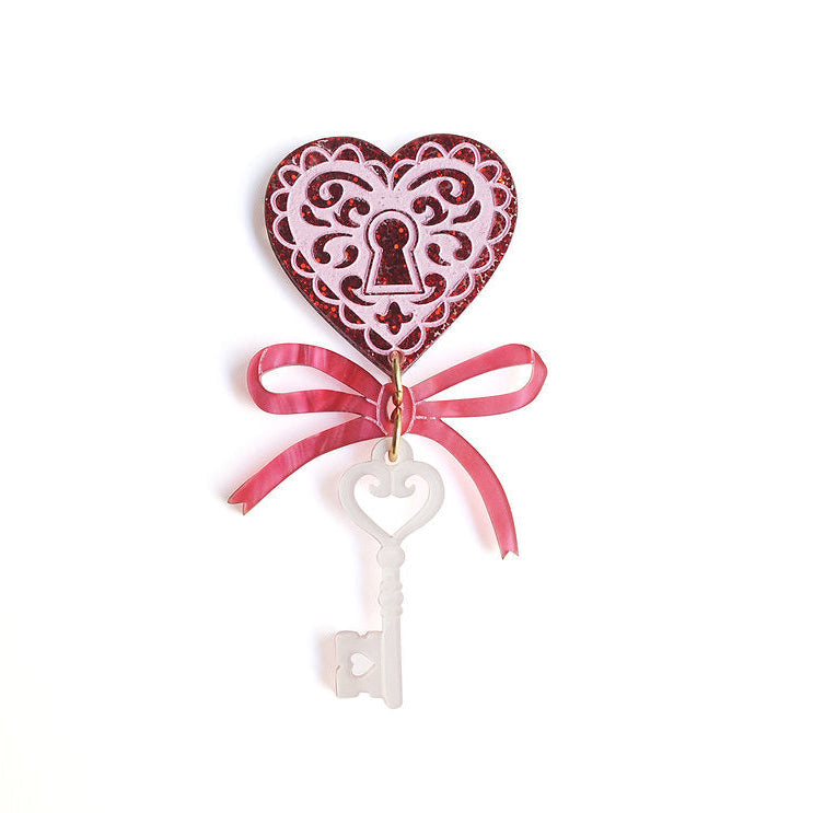 Heart with Key Brooch by Laliblue – Retro Kitschy Statement Brooch for Collectors