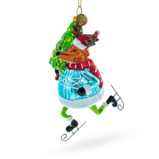 Fox Ice Skating Glass Christmas Ornament