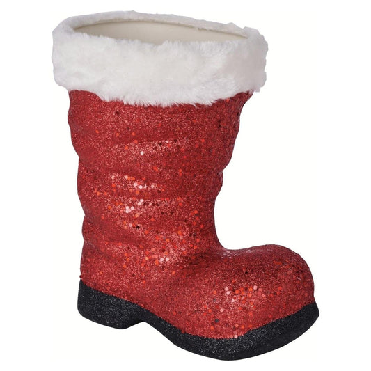 a red boot with white fur inside