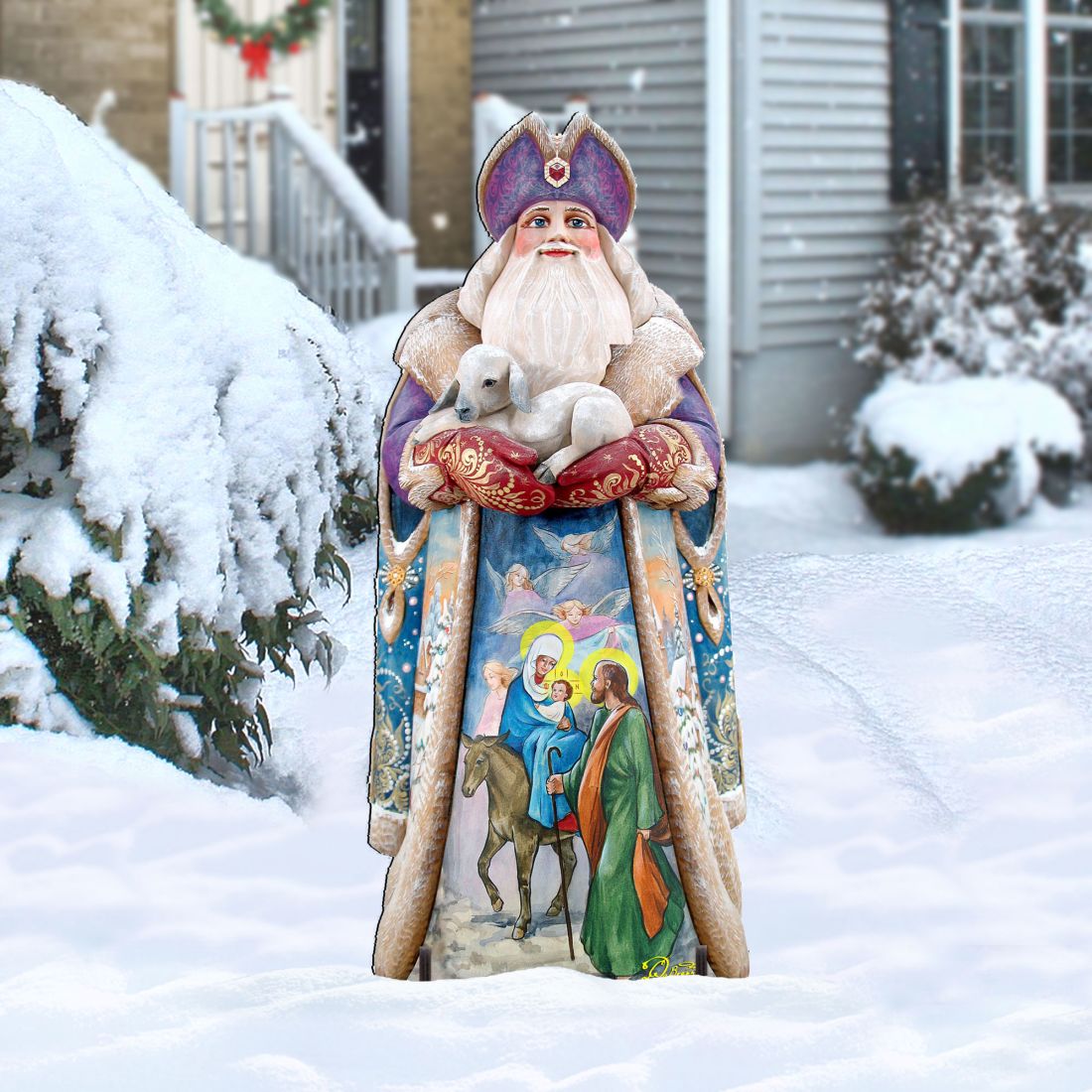 Santa and the Guardian Angels Christmas Outdoor Scene by G. DeBrekht - Christmas Santa Snowman Decor - 811832F