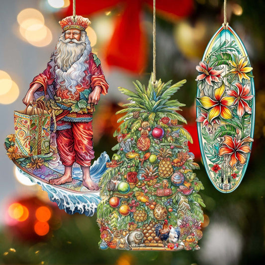 Santas Around the World - Hawaiian Inspired Santa - Eco Wood Ornaments Set of 3 by G. DeBrekht Christmas Santa Snowman Decor - 8091313S3