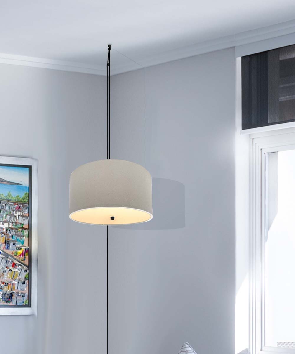 2 Light Swag Plug-In Pendant 16"w Light Oatmeal Linen Drum with Diffuser, Black Cord