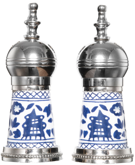 a salt and pepper shakers with blue and white painted designs