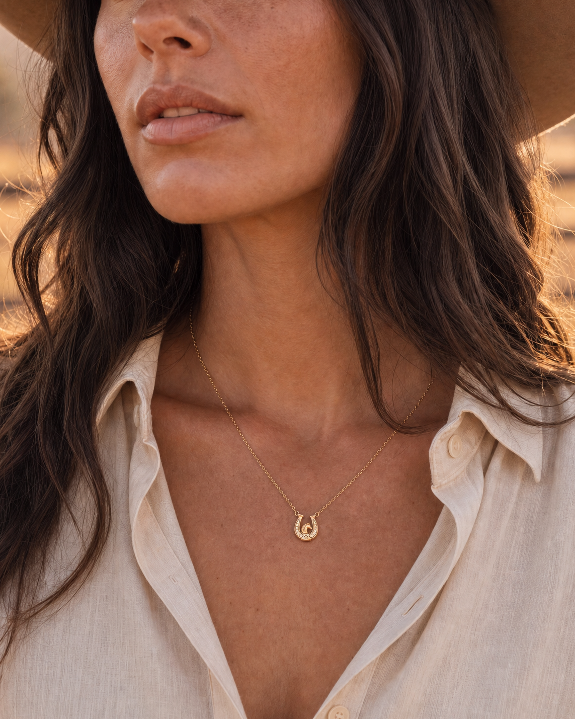 a woman wearing a hat and a necklace