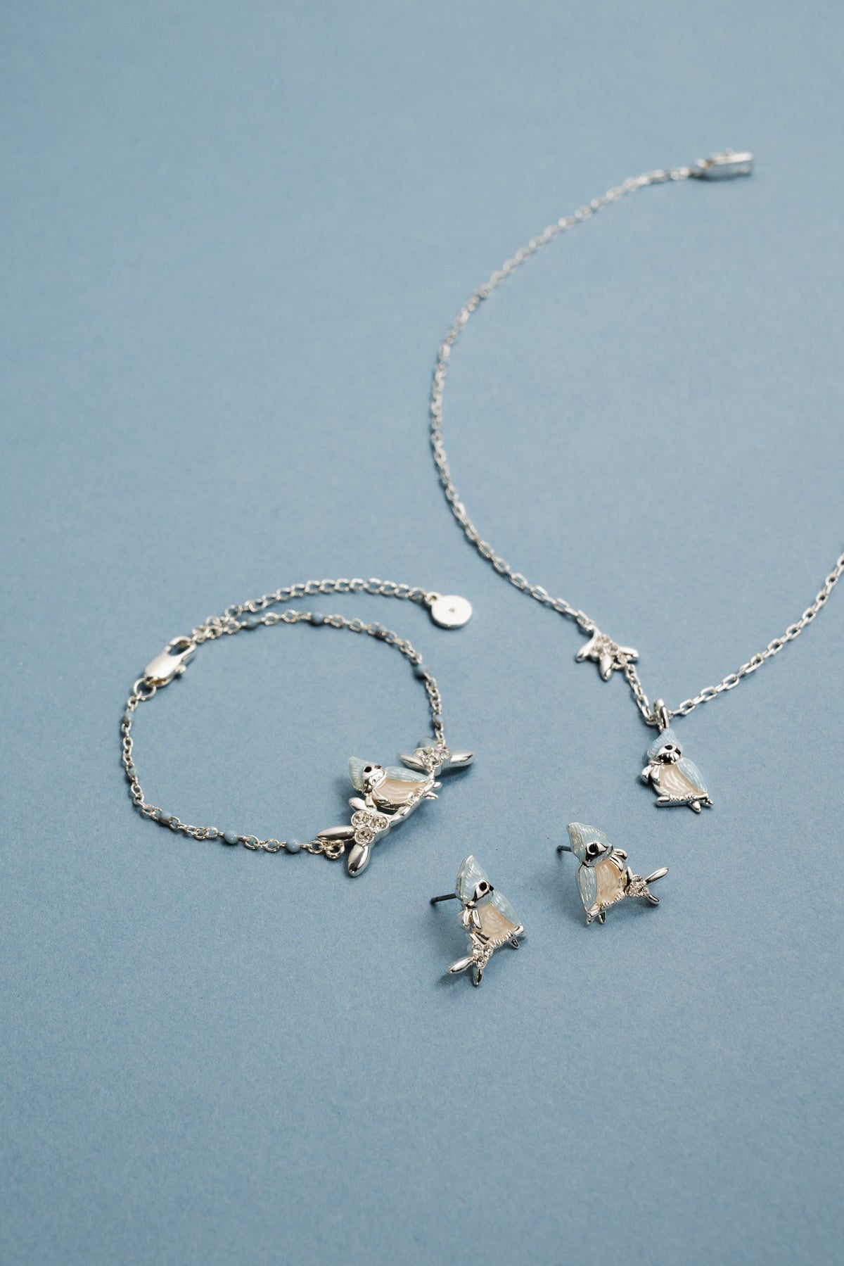 a silver necklace and earrings