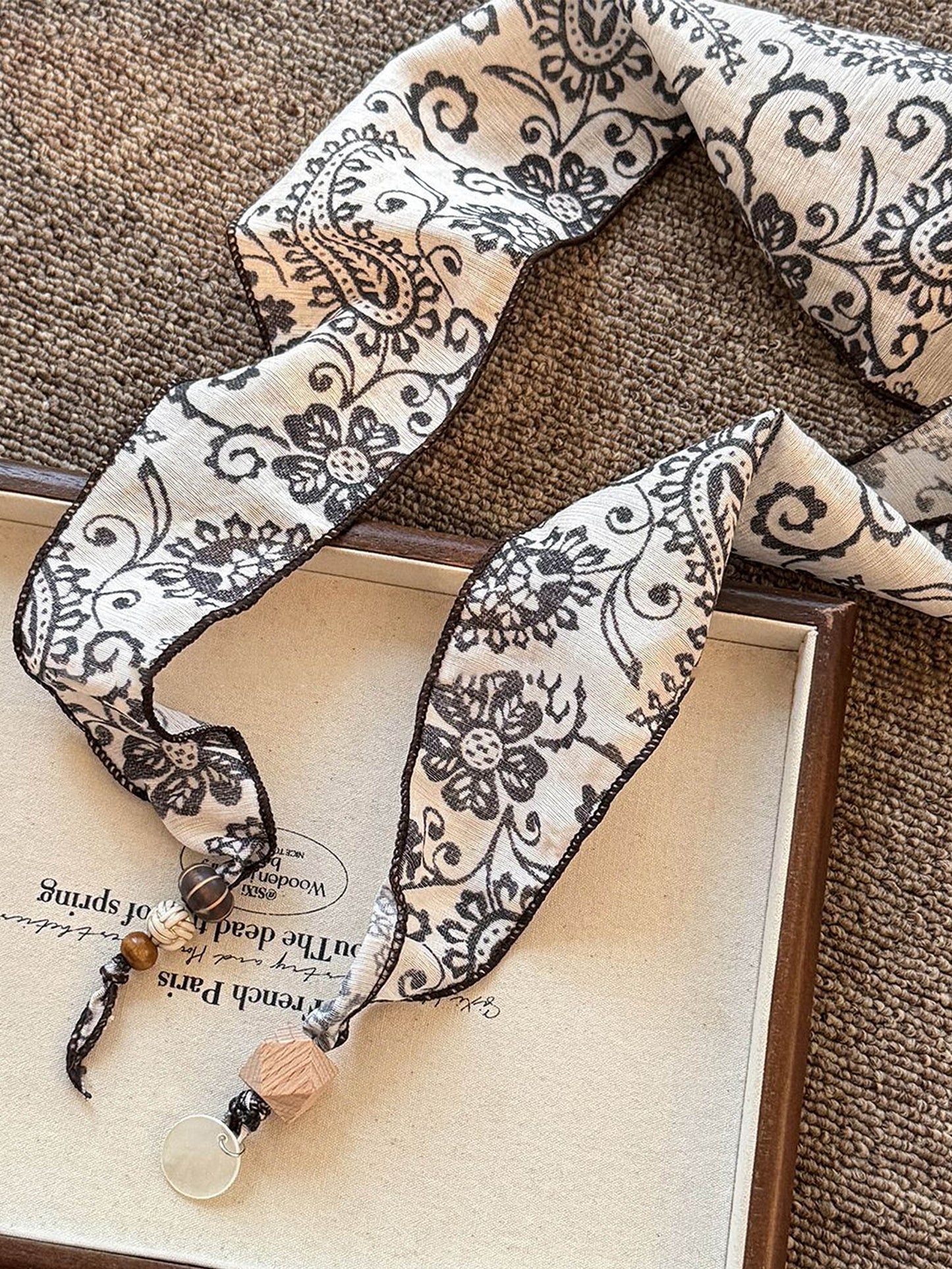 Multi-Functional Floral Satin Scarf With Jade Bead Accents