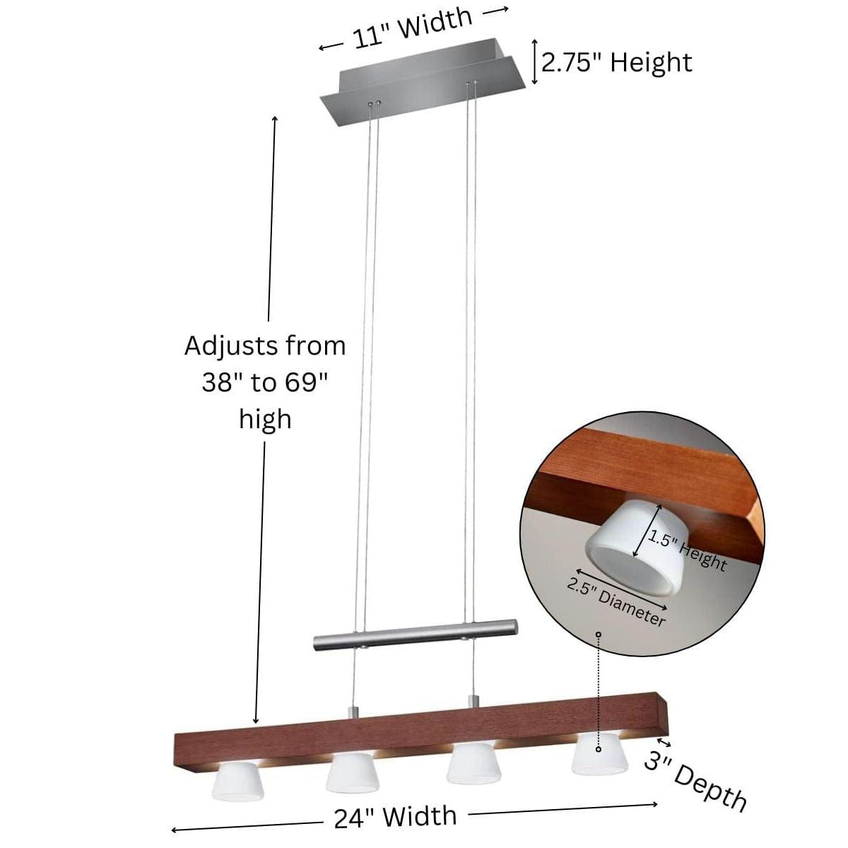 Adesso Burlington 24" W LED 4 Light Island/Dining Modern Pendant, Walnut Brushed Steel Metal Finish