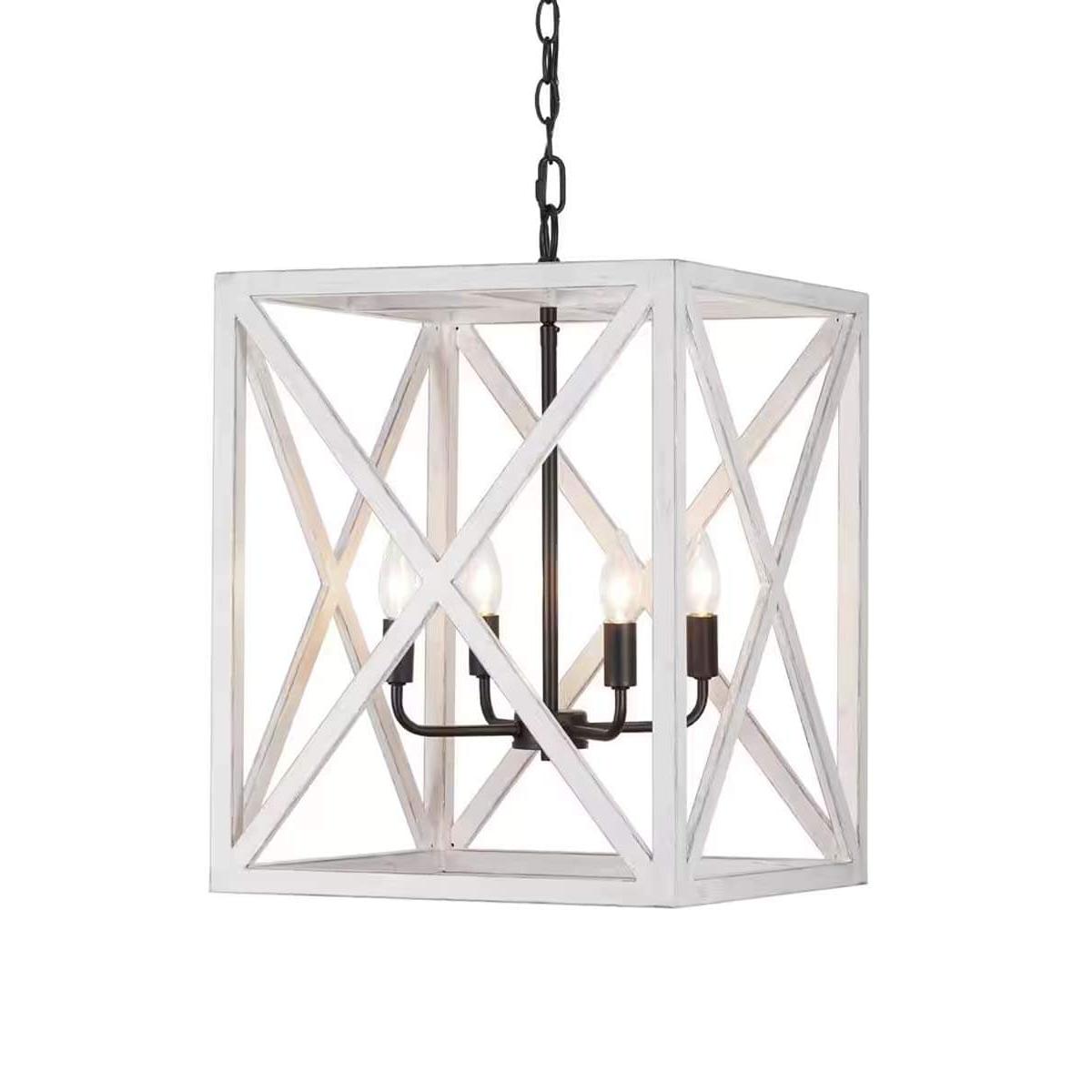 Alsy 16"W 4-Light Distressed White Caged Large Pendant Chandelier Light Fixture, French Country Style
