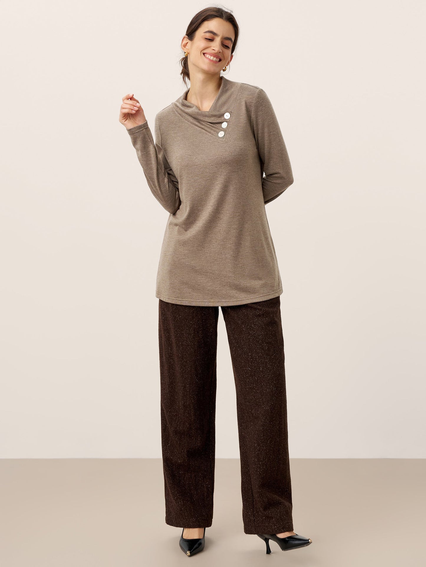 Cashmere Asymmetric Cowl Neck Stretch Top TATIANA