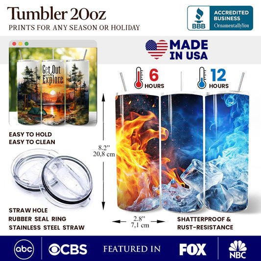 Get Out and Explore 20oz Personalized Tumbler With Lid and Stainless Steel Straw, Forest Camping Adventure Gift Cup