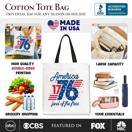 America 1776 Land of the Free Tote Bag, Vintage 4th of July Gift Shopper