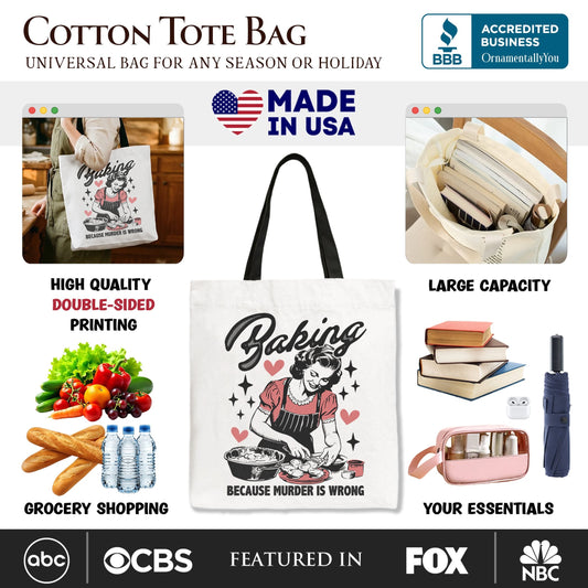 Baking Because Murder Is Wrong Anti-Valentine Tote Bag, Funny Retro Kitchen Gift Shopper