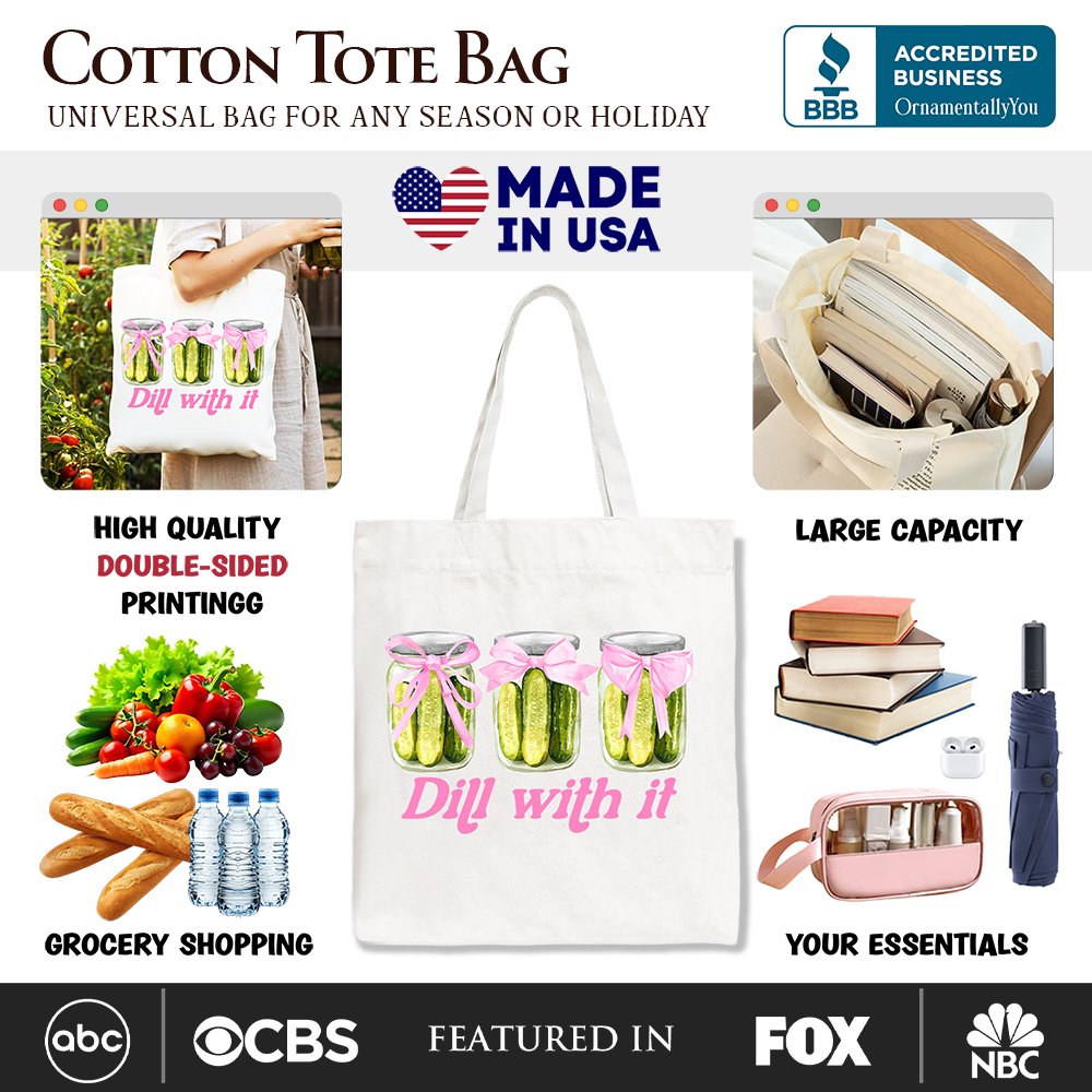 Coquette Dill With It Funny Canvas Tote Bag, Pink Bow Pickle Lover Gift Shopper for Cute and Quirky Style Fans