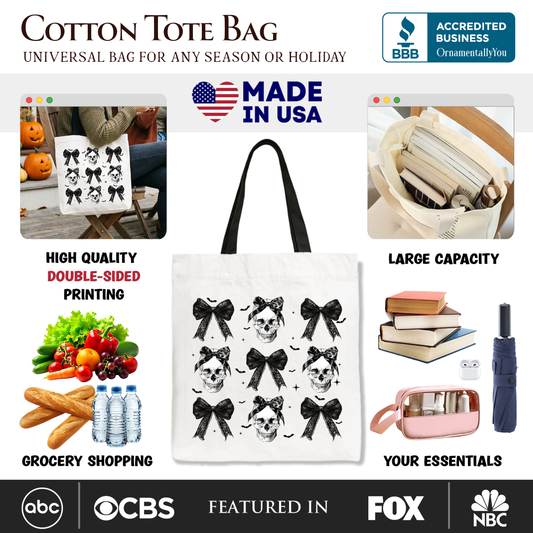 Coquette Skulls and Bows Tote Bag, Gothic Halloween Gift Shopper for Stylish Women