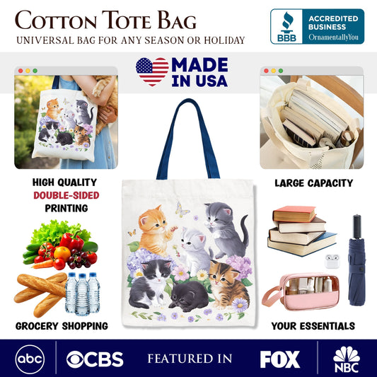 Cute Baby Cats Wildflower Tote Bag, Cottagecore Botanical Cat Gift Shopper