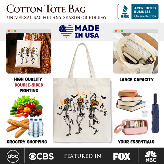 Dancing Skeletons with Pumpkin Head Tote Bag, Dry Bones Come Alive Halloween Fun Gift Shopper