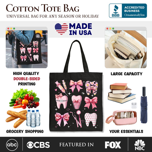Dental Squad Coquette Canvas Tote Bag, Pink Teeth Dentist Life Bow Gift Shopper
