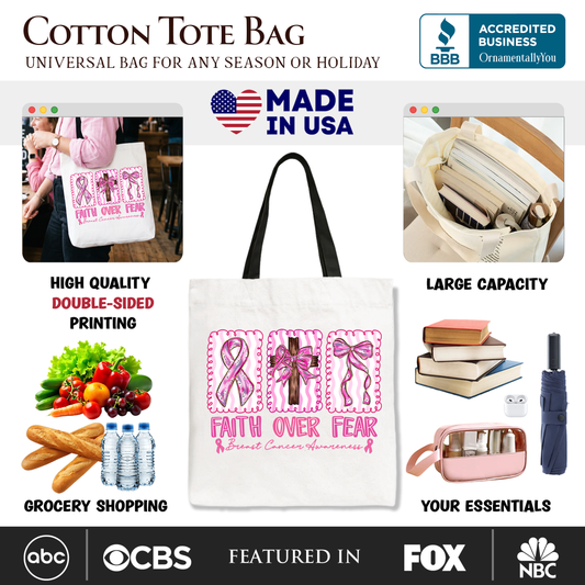 Faith Over Fear Breast Cancer Christian Tote Bag, Pink Ribbon Awareness Gift Shopper