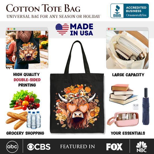 Fall Highland Cow Tote Bag, Messy Bun Howdy Gift Shopper with Autumn Vibes