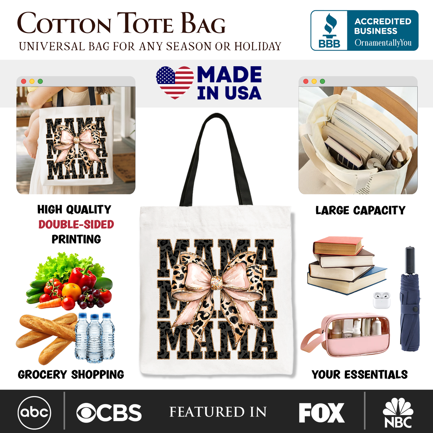 Glitter Leopard Mama Tote Bag, Coquette Bow Gift Shopper for Glam and Trendy Mothers