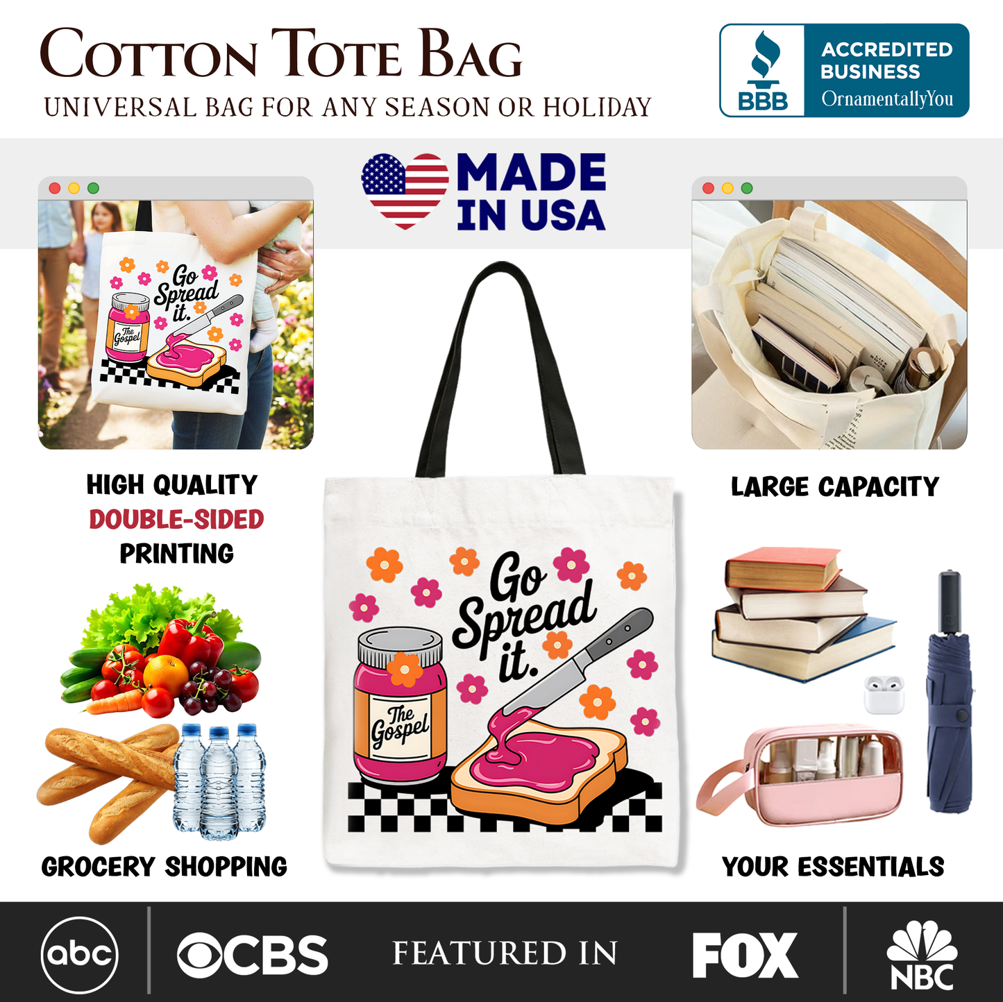 Go Spread It Christian Tote Bag, Cute Gospel Jam and Toast Gift Shopper