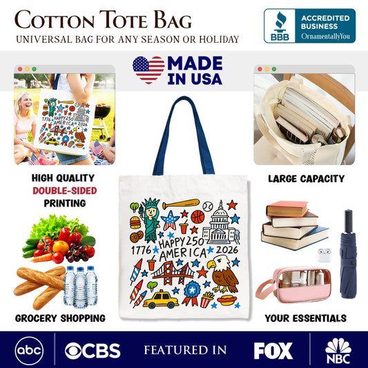 Happy 250 America Doodle Tote Bag, Patriotic USA 1776-2026 250th Anniversary Gift Shopper