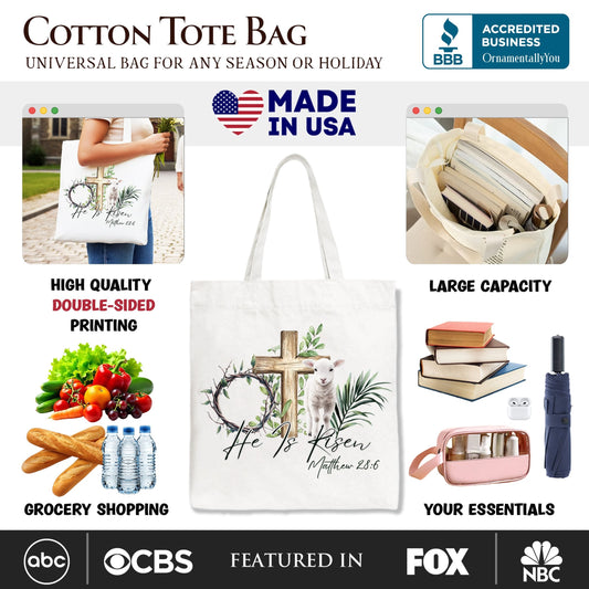 He Is Risen Lamb Cross Christian Easter Tote Bag, Bible Verse Matthew 28:6 Gift Shopper