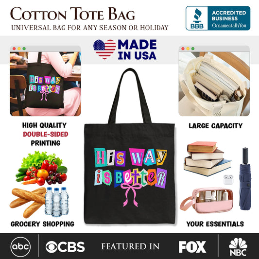 His Way Is Better Christian Canvas Tote Bag, Retro Preppy Coquette Faith Gift Shopper