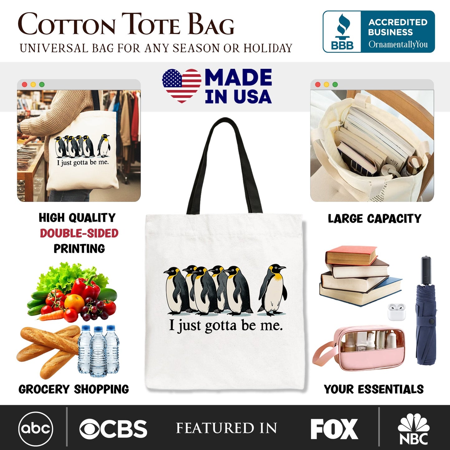 I Just Gotta Be Me Penguin Tote Bag, Funny Self-Love Meme Gift Shopper