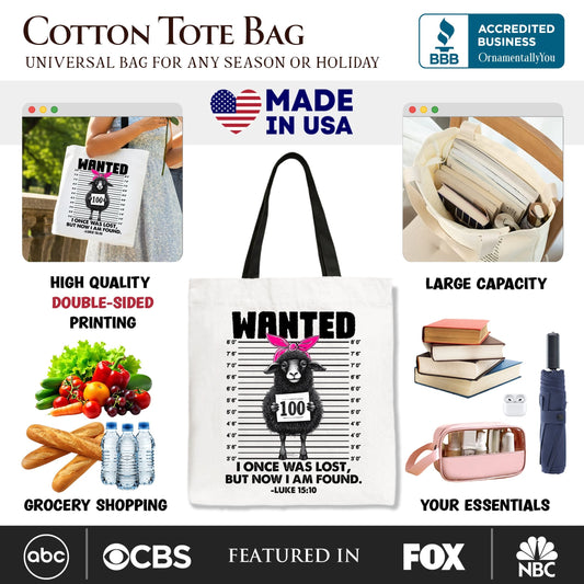 I Once Was Lost But Now I Am Found Luke 15:10 Christian Tote Bag, Wanted Black Sheep Gift Shopper