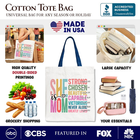Inspirational Christian Mom Canvas Tote Bag, Affirmation Gift Shopper for Strong and Motivated Mothers