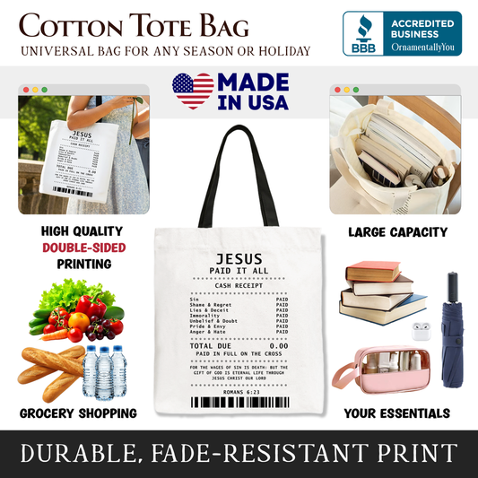 Jesus Paid It All Cash Receipt Tote Bag, Christian Gift Shopper for Believers