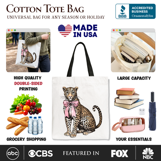 Leopard With Coquette Bow Tote Bag, Animal Trendy Preppy Gift Shopper