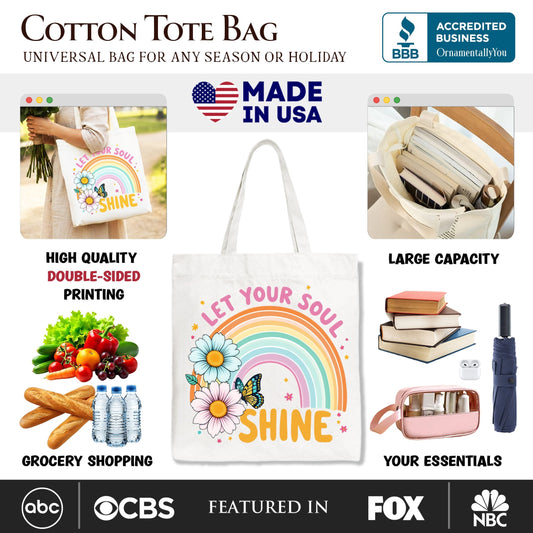 Let Your Soul Shine Rainbow Tote Bag, Retro Pastel Floral Feel Good Gift Shopper