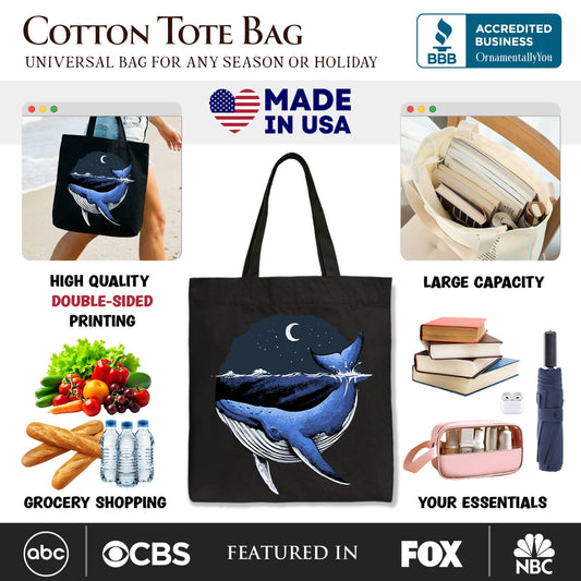 Moonlit Whale Vintage Tote Bag, Night Ocean Retro Gift Shopper