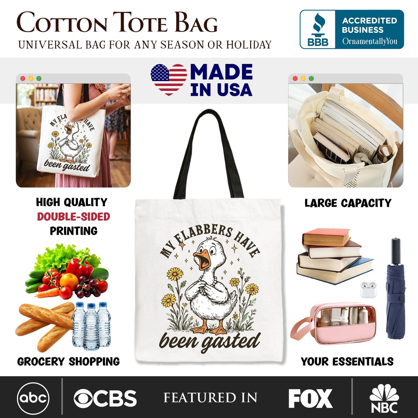 My Flabbers Have Been Gasted Goose Tote Bag, Gift Shopper for Humorous Women