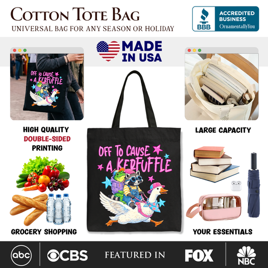Off To Cause A Kerfuffle Tote Bag, Frog Raccoon Goose Funny Animal Gift Shopper