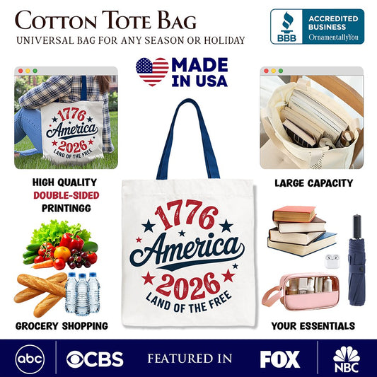 Patriotic America 1776-2026 Land of the Free Canvas Tote Bag, 250 Year Independence Day Celebration Gift