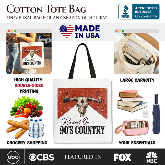 Raised On 90s Country Tote Bag, Vintage Bull Skull Gift Shopper