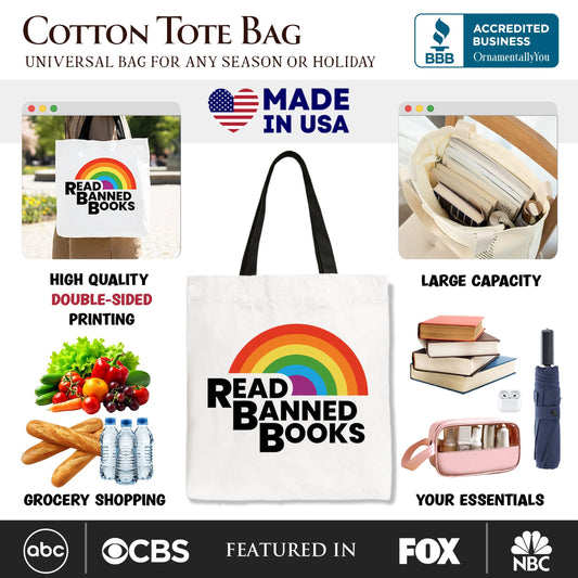 Read Banned Books Rainbow Canvas Tote Bag, Book Lover Gift Shopper