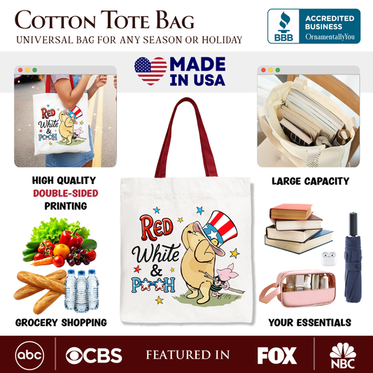 Red White & Proud Winnie-the-Pooh Tote Bag, 1926 A.A. Milne Patriotic 4th of July Gift Shopper